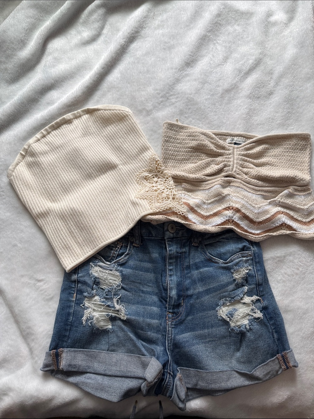 American Eagle Outfitters Beige/Cream Tube Tops and Distressed Denim Shorts